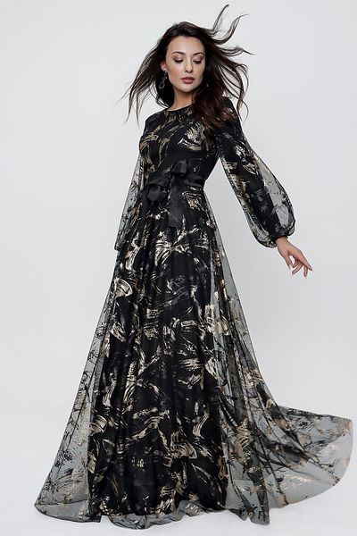 By Saygı Patterned Long Tulle Dress with Belted Waist