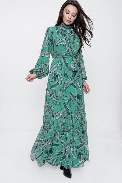 By Saygı Long Chiffon Dress with Pleated Long Leaf Print Lining with Belted Waist