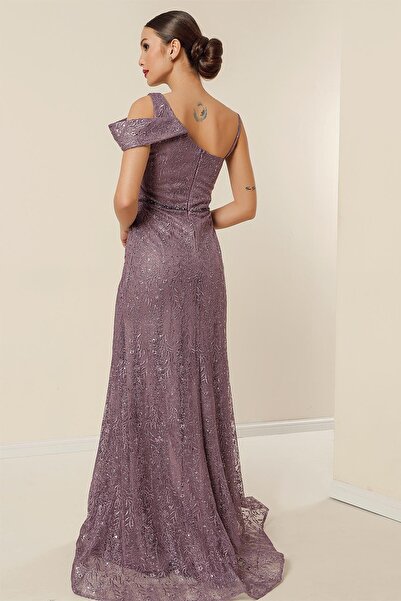 By Saygı Rochie lungă de pește, cu curea de frânghie pe o parte, talie cu mărgele, căptușită cu paiete brodate, cu fantă în față