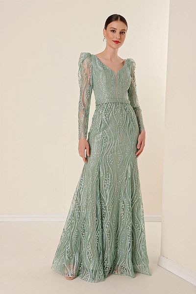 By Saygı V-Neck Long Sleeve Lined Large Size Spaced Silvery Flock Printed Long Dress