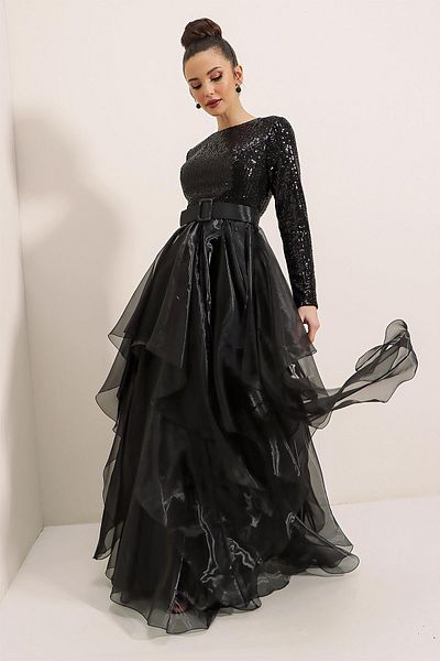 By Saygı Organza Long Dress with Sequin Long Sleeve Waist Belt Lining on Top