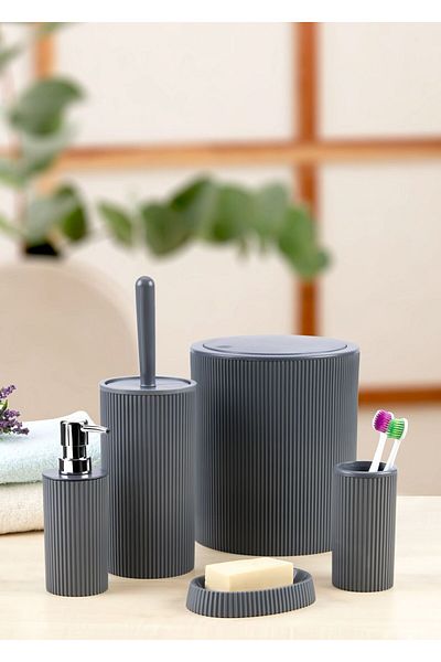 Lida Round Model 5-Piece Bathroom Set - Trash Can, Wc Brush, Liquid Soap Dispenser, Toothbrush Holder and Solid Soap Dispenser