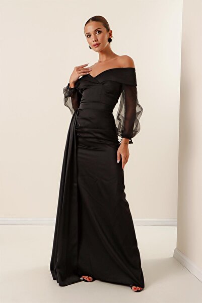 By Saygı Dlouhé krepové saténové šaty s límečkem Madonna s podšívkou z organzy