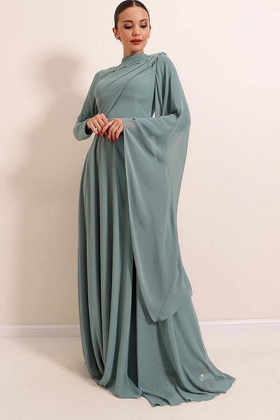 By Saygı Schulter- und Taillenkleid mit Perlenstickerei, Chiffon, langes Hijab-Kleid