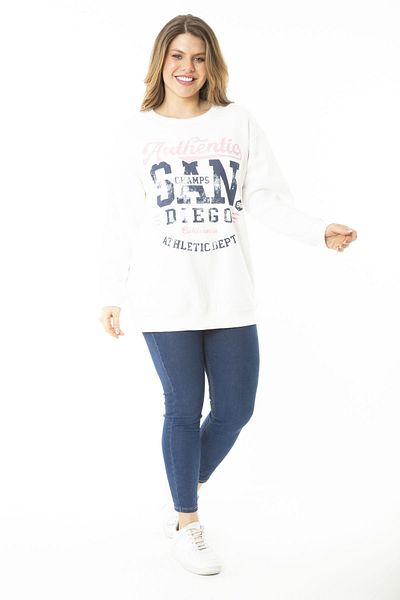 Şans Women's Large Size Bone Inner Raised Two Thread Front Printed Sweatshirt 65N37158