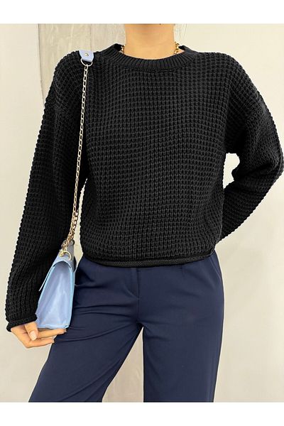 Modamorfo Round Neck Knitted Knitwear Sweater - Black