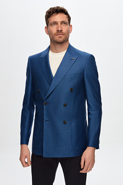 Tween Slim Fit Saks Mavi Keten-Pamuk Kruvaze Kumaş Ceket