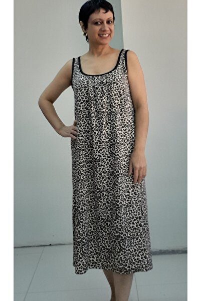 Mertcan Butik Leopard Print Front and Back Drawstring Viscose Strap Dress