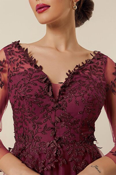 By Saygı Front Back V Neck Top Glitter Motif Lined Long Tulle Dress