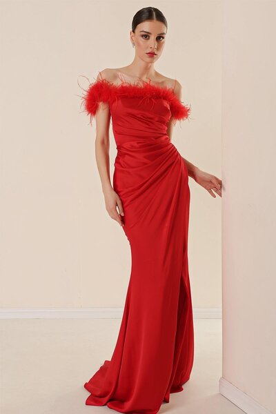 By Saygı Toll részlet Madonna gallér bélelt elülső redőzött hasított szatén hosszú ruha