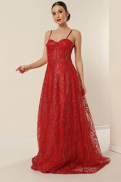 By Saygı Kleid mit langen Seilträgern und Bügeln mit Pailletten und Glitzer – gefüttert mit Perlendetails