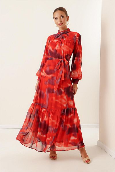 By Saygı Top Pleated Waist Belted Lined Tie-Dye Pattern Long Chiffon Dress