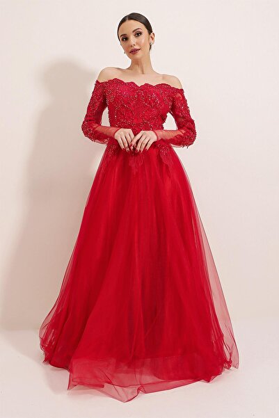 By Saygı Tulle Long Dress with Beaded Lining on Top