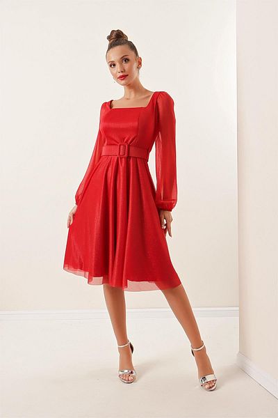 By Saygı Glitzerkleid mit quadratischem Kragen, Gürtel, Ballonärmeln und Futter