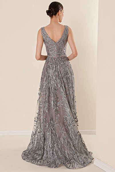 By Saygı Thick Straps Lined Silvery Flock Printed Long Dress