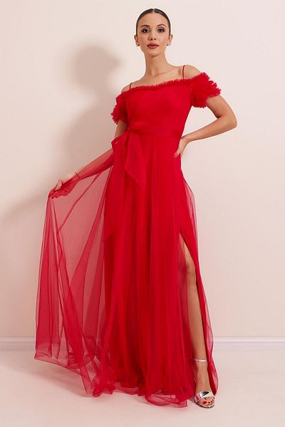 By Saygı Madonna Collar Rope Strap Slit Tulle Long Dress