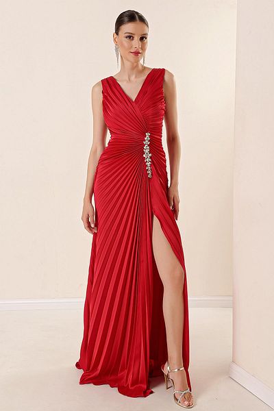 By Saygı Front Back V-Neck Front Stone Detailed Lined Pleated Long Dress
