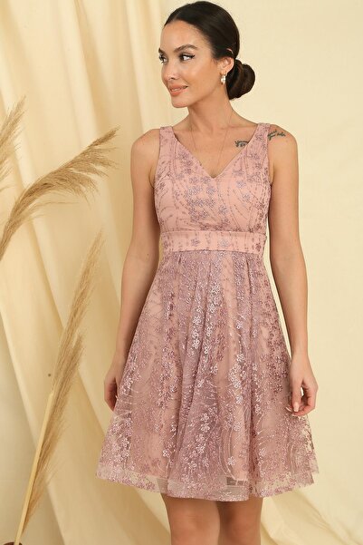 By Saygı V Yaka Astarlı Dantel Elbise