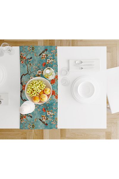 Şah Dekor Față de masă pentru alergător de cadou, cu tematică naturală, cu modele de păsări și flori, de culoare albastră, imprimată digital, 45x100cm