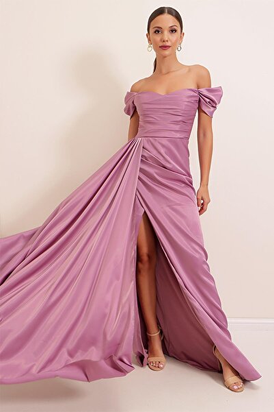 By Saygı Μακρύ σατέν φόρεμα με πλισέ λαιμόκοψη Madonna