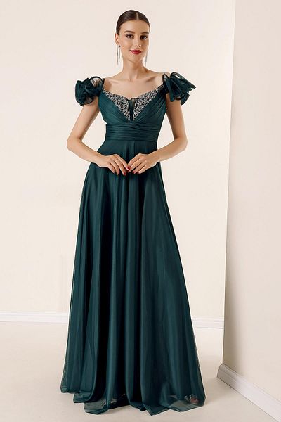 By Saygı V-Neck Jewel Detailed Long Tulle Dress - Rope Strap, Short Sleeve