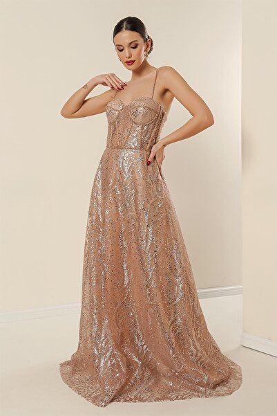 By Saygı Φόρεμα με μακρύ σχοινί με πούλιες και λάμψη - με λεπτή γραμμή με χάντρες