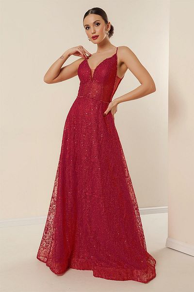By Saygı Rope Strap Lined Beading Detailed Embroidery Embroidered Sequin Long Dress