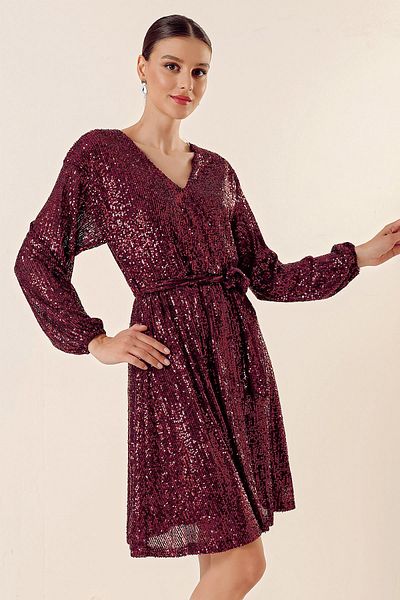 By Saygı V-Neck Waist Belted Lined Sequin Short Dress