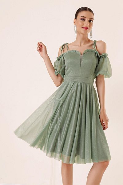 By Saygı Pleated Balloon Sleeves Lined Glitter Tulle Dress