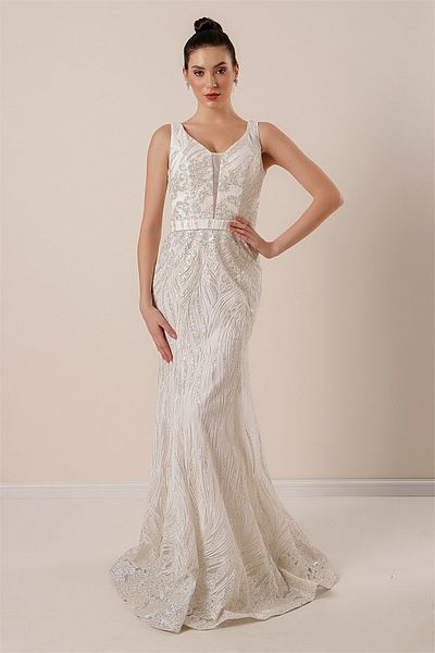 By Saygı Ghost Tulle Glitter Long Dress - Thick Straps and Lined
