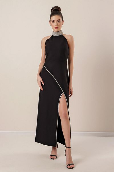 By Saygı Stone Detailed Long Dress with Slit on the Front