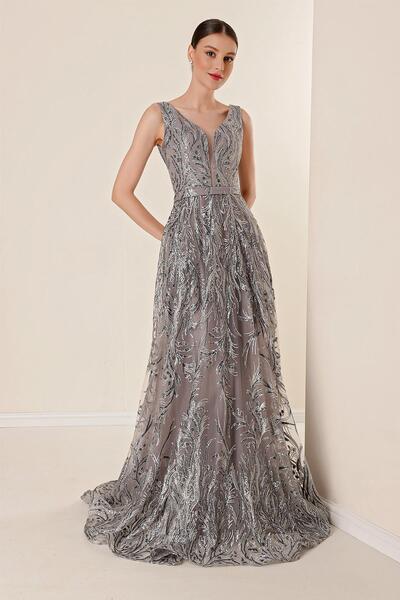 By Saygı Thick Straps Lined Silvery Flock Printed Long Dress