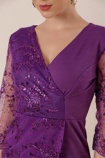 By Saygı One Side And Sleeves Lace Evening Dress