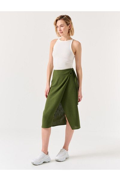 Jimmy Key Khaki Normal Waist hasított Midi vászonszoknya