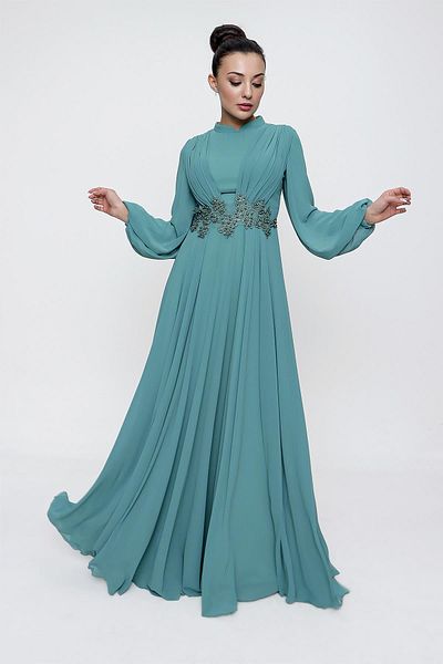 By Saygı Long Chiffon Dress with Pleated Waistline Beading Lacing Detail