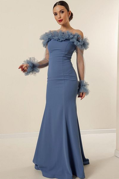 By Saygı Long Crepe Dress with Neckline and Sleeves Tulle Beading Detail