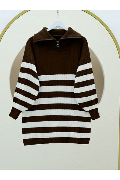 Modamorfo Ribbed Zippered Half Throat Knitwear Tunic - Brown