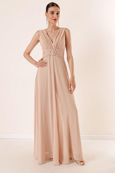By Saygı Low Waist Front Back V Neck Lined Chiffon Jumpsuit