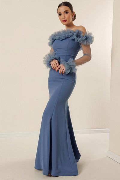 By Saygı Long Crepe Dress with Neckline and Sleeves Tulle Beading Detail