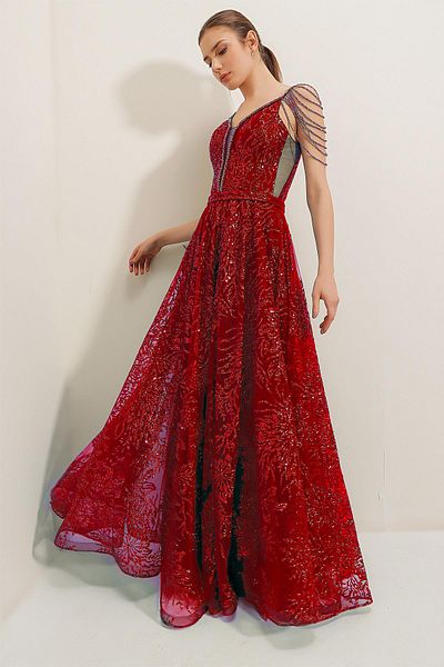 By Saygı Long Dress with Beading Detail, Lace-Up Back Lining, Sequin Lurex