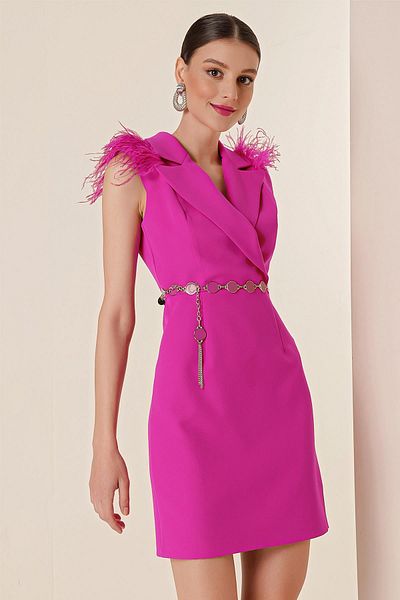 By Saygı Double Breasted Neck Feather Detailed Belted Dress