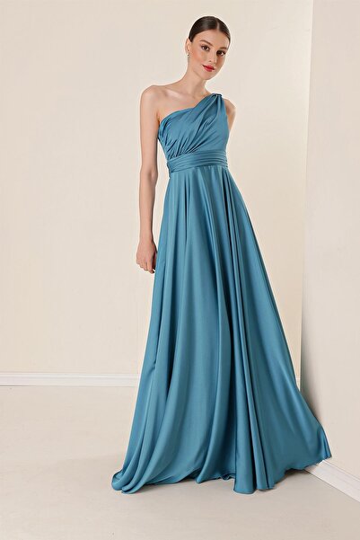 By Saygı One Shoulder Draped Lined Wide Size Crepe Satin Long Dress