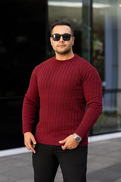 VİP LOKAL Burgundy Non-Pilling Slim Fit Patterned Knitwear Sweater