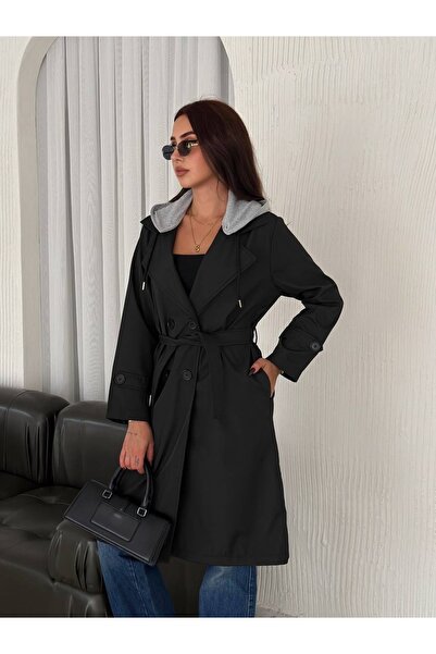 gozdefashion Kadın Gri Kapüşon Detaylı Uzun Trençkot