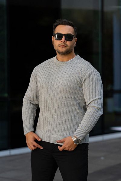 VİP LOKAL Gray Non-Pilling Slim Fit Patterned Sweater