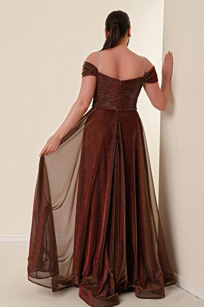 By Saygı Rochie lungă cu sclipici, căptușită cu mâneci căptușite