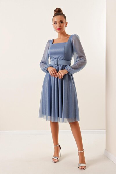 By Saygı Rochie cu sclipici cu guler pătrat, cu centură, cu mânecă cu balon