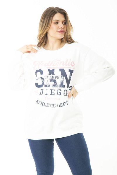 Şans Women's Large Size Bone Inner Raised Two Thread Front Printed Sweatshirt 65N37158