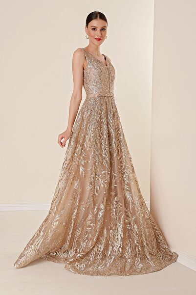 By Saygı Thick Straps Lined Silvery Flock Printed Long Dress