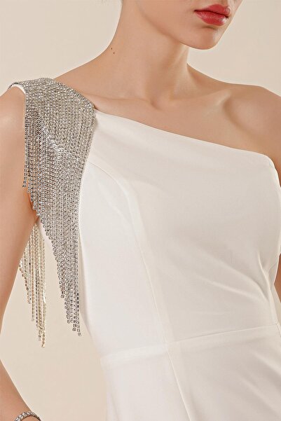 By Saygı One Shoulder Rhinestone Chain Detail Front Slit Lined Long Dress